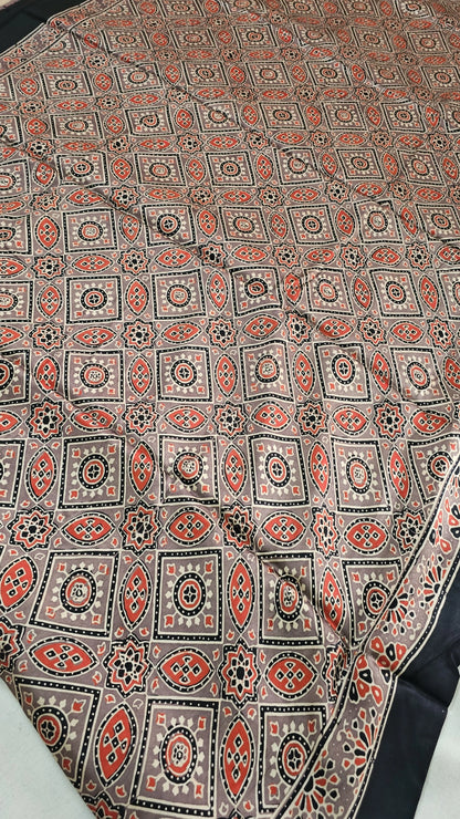 Natural Dye Hand Block Ajrak Modal Silk Saree-Brown