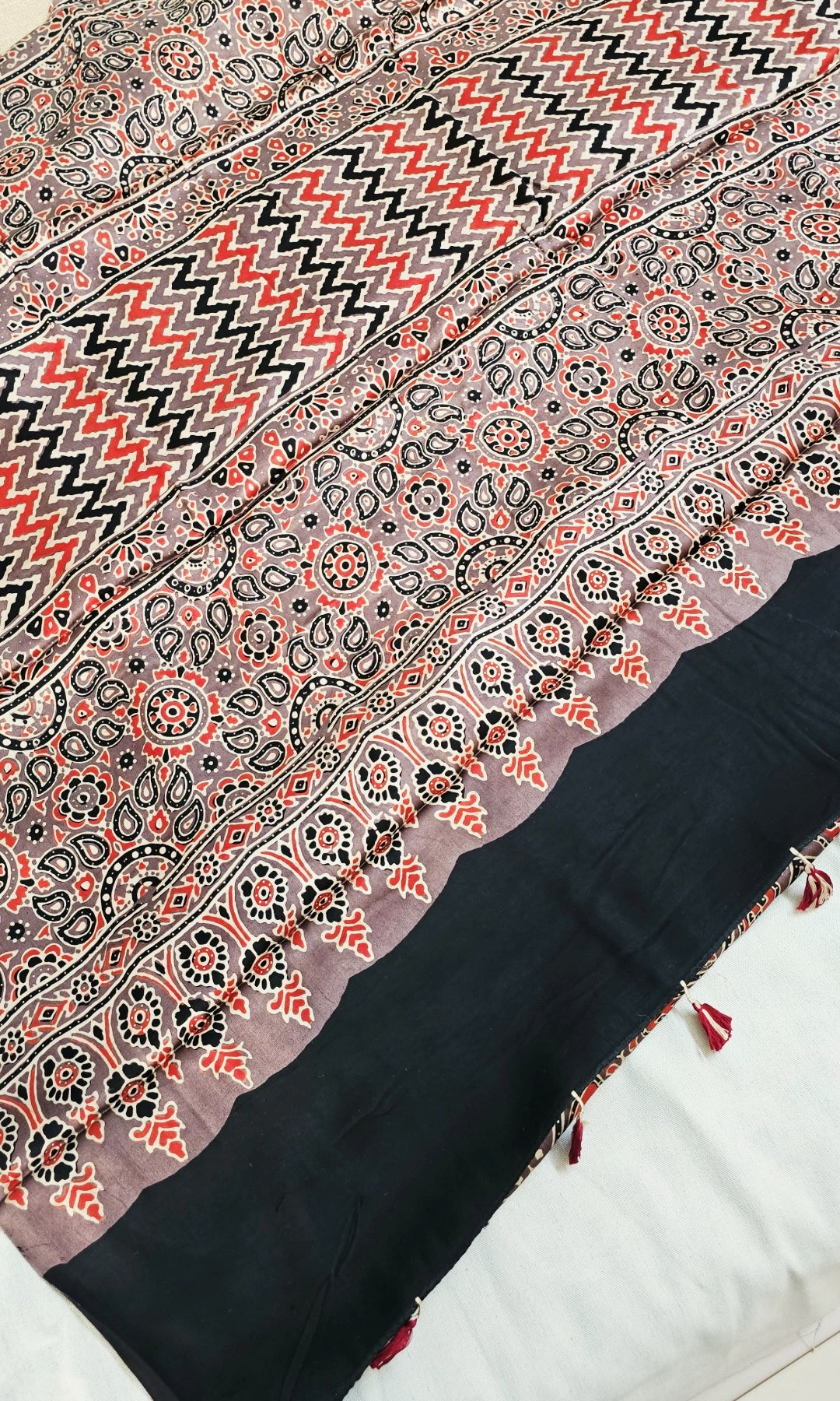 Natural Dye Hand Block Ajrak Modal Silk Saree-Brown