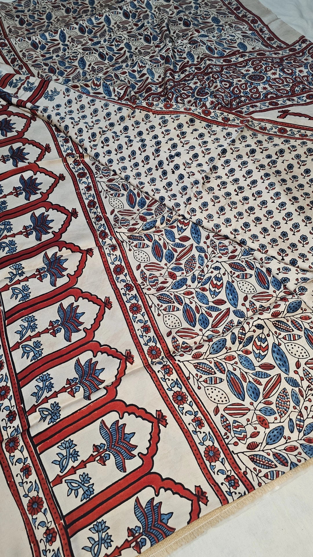Natural Dye Hand Block Ajrak Modal Silk Saree-White