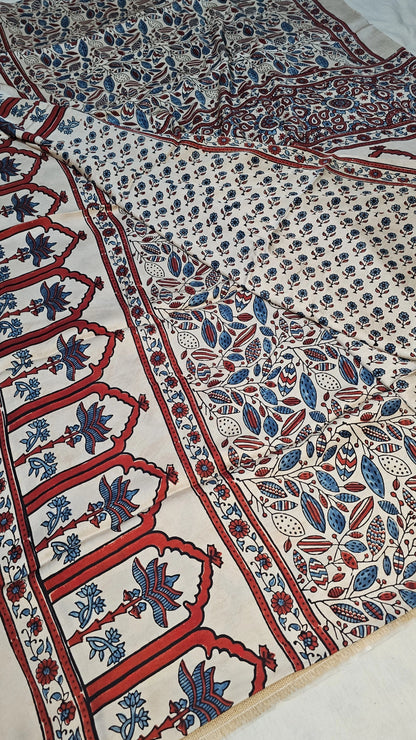 Natural Dye Hand Block Ajrak Modal Silk Saree-White