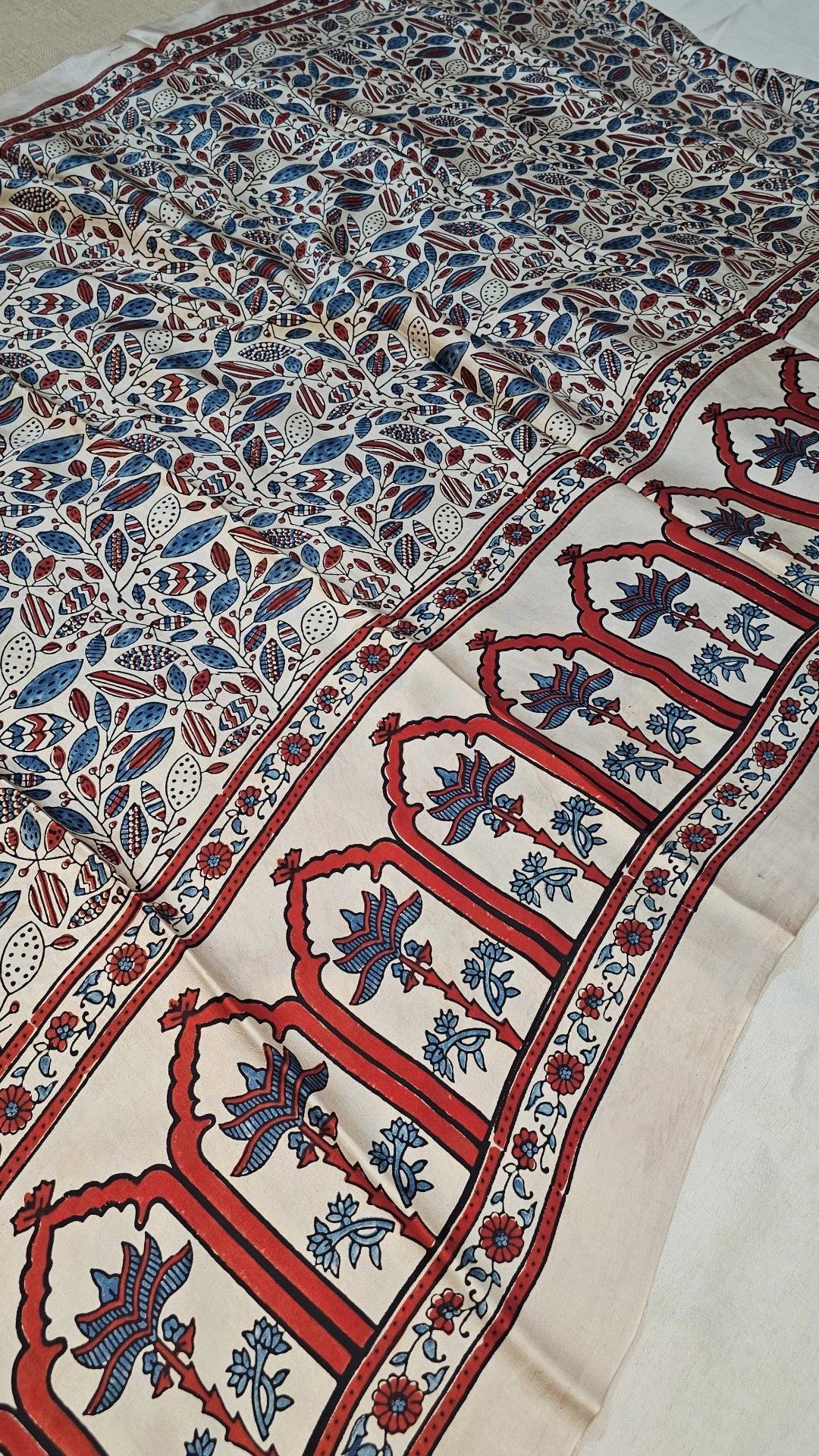 Natural Dye Hand Block Ajrak Modal Silk Saree-White