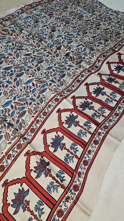 Natural Dye Hand Block Ajrak Modal Silk Saree-White