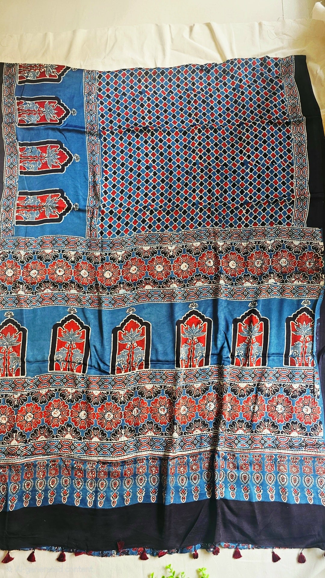 Natural Dye Hand Block Ajrak Modal Silk Saree-Blue