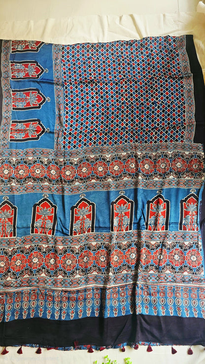 Natural Dye Hand Block Ajrak Modal Silk Saree-Blue