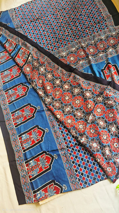 Natural Dye Hand Block Ajrak Modal Silk Saree-Blue