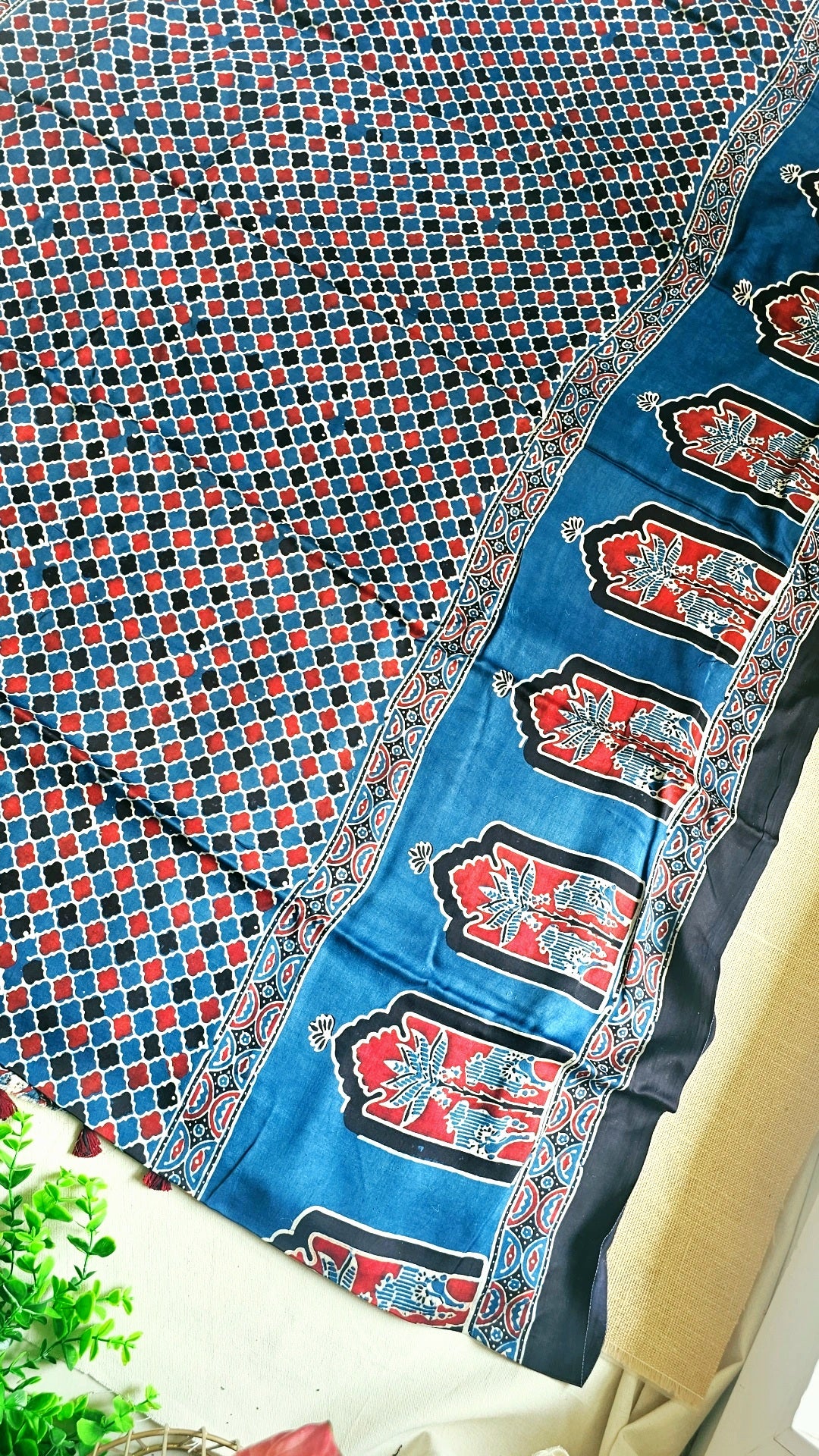Natural Dye Hand Block Ajrak Modal Silk Saree-Blue
