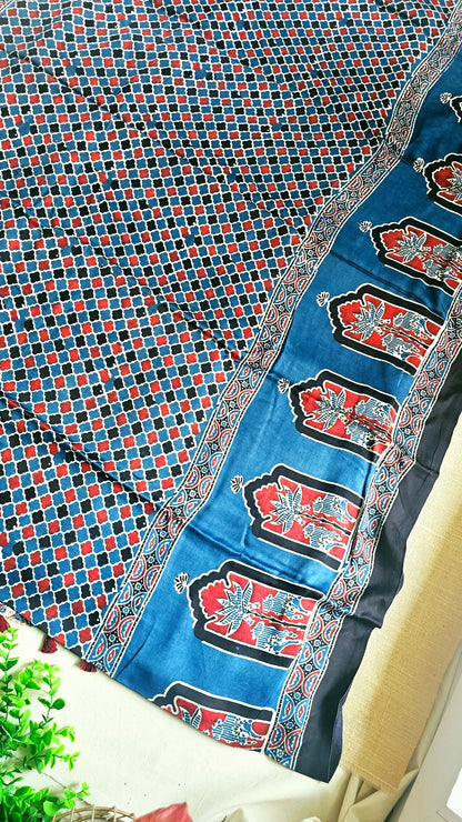 Natural Dye Hand Block Ajrak Modal Silk Saree-Blue