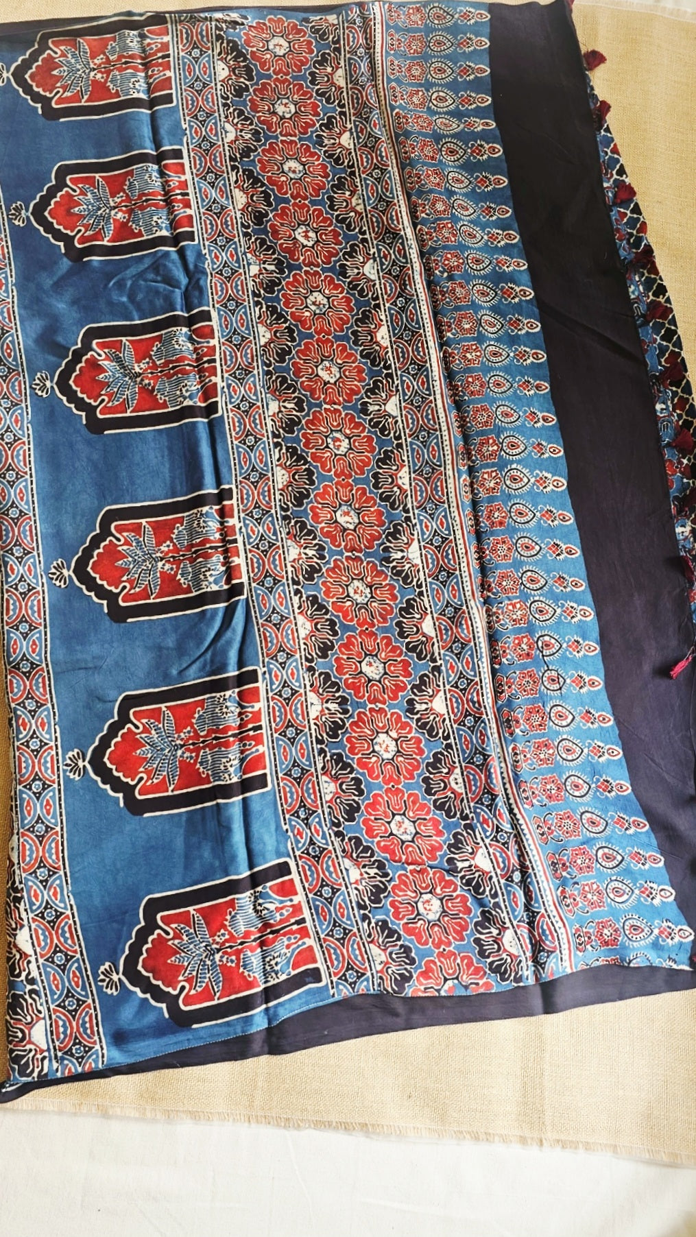 Natural Dye Hand Block Ajrak Modal Silk Saree-Blue