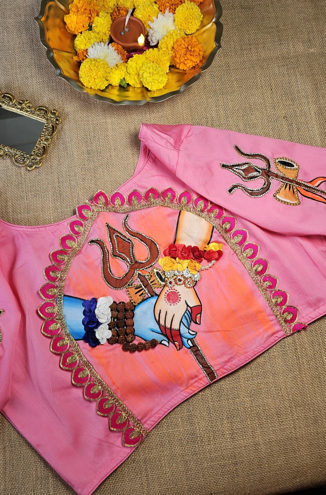 Hand-Painted Shiv Parvati 3D work Stitched Blouse