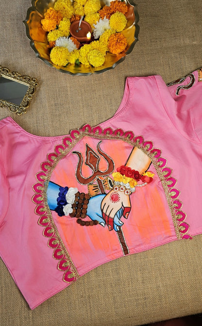 Hand-Painted Shiv Parvati 3D work Stitched Blouse
