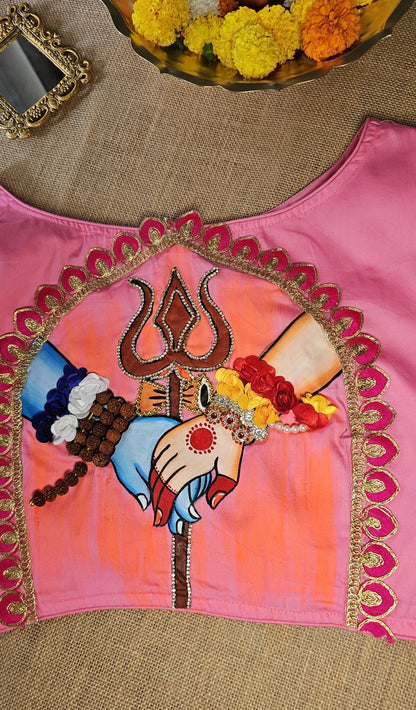Hand-Painted Shiv Parvati 3D work Stitched Blouse