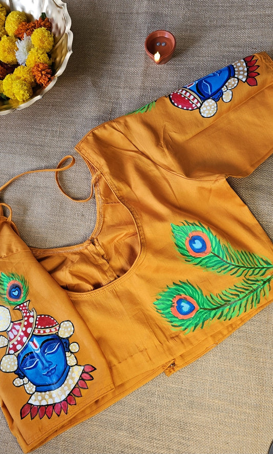Hand-Painted Krishna Motif Blouse – Mustard Yellow