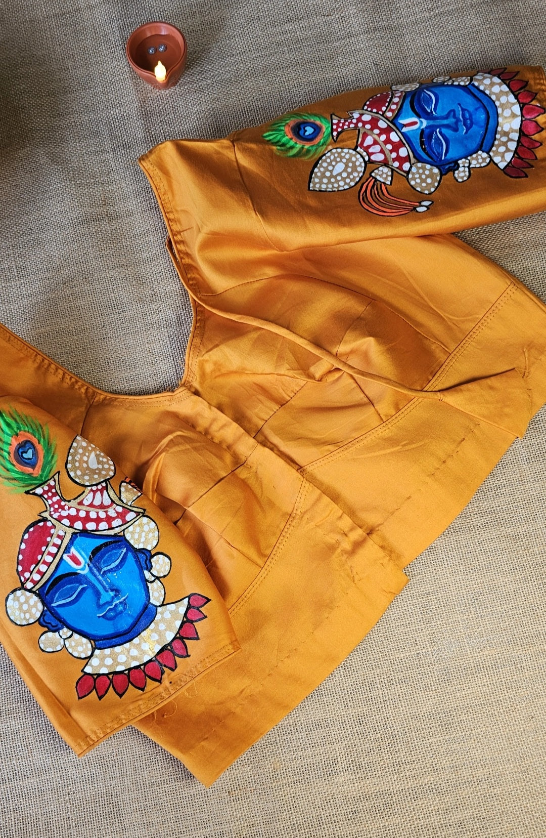 Hand-Painted Krishna Motif Blouse – Mustard Yellow