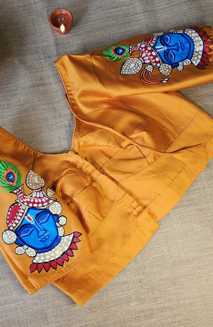 Hand-Painted Krishna Motif Blouse – Mustard Yellow