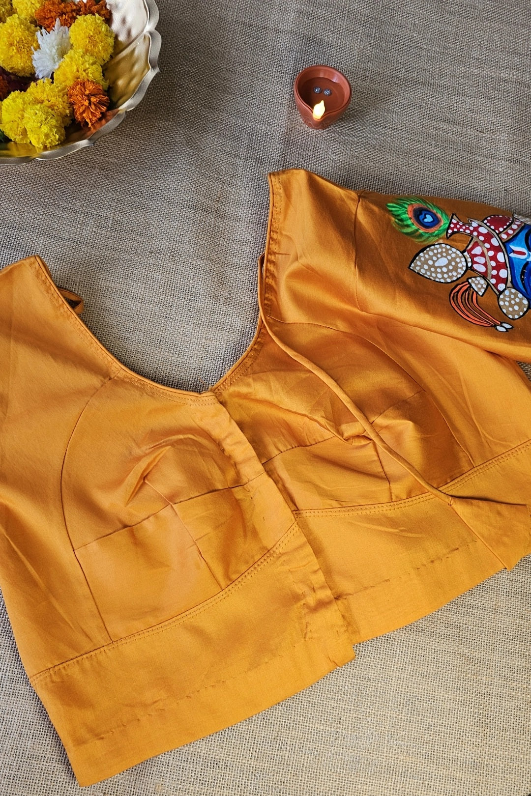 Hand-Painted Krishna Motif Blouse – Mustard Yellow