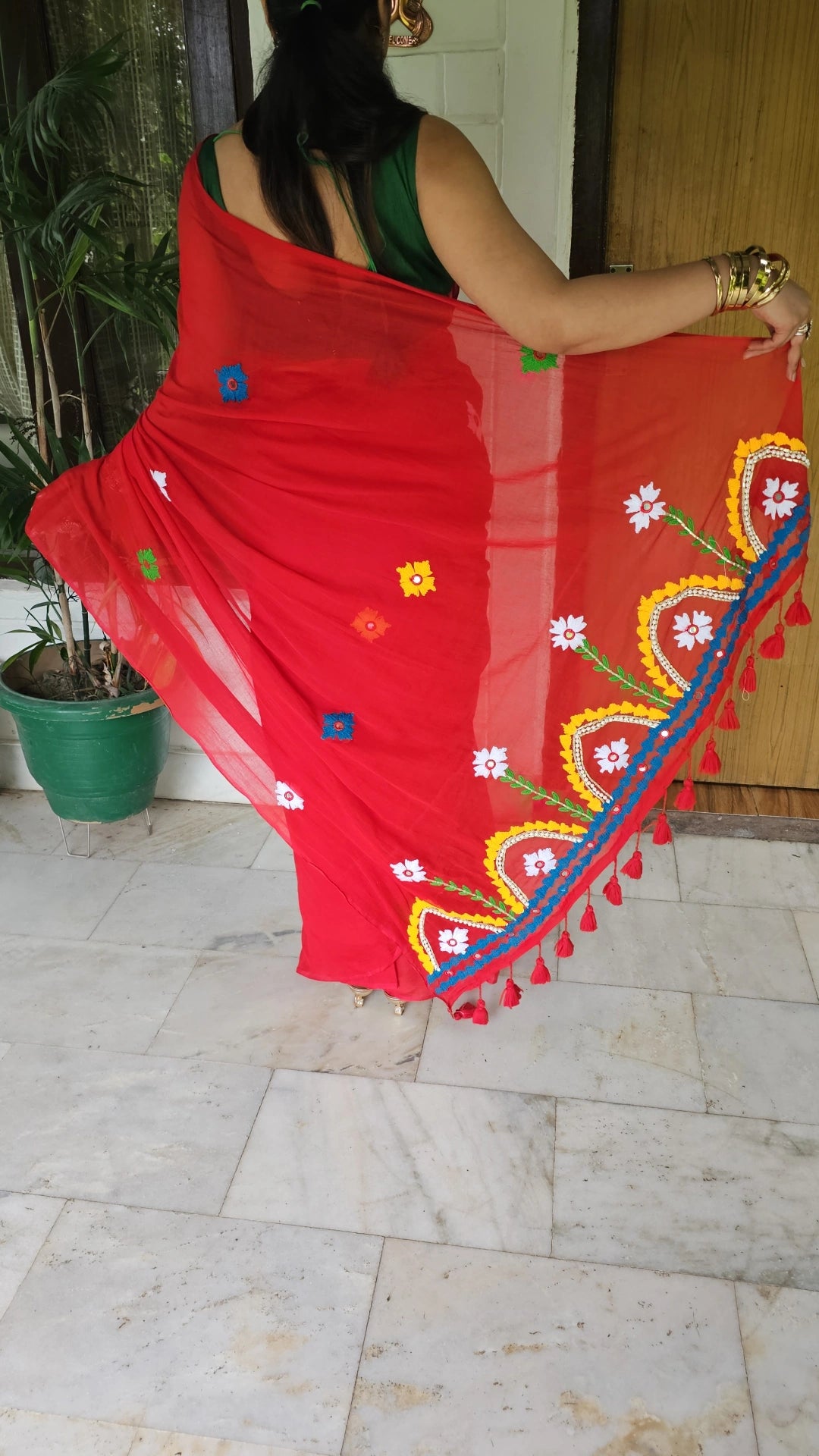 Rangriti- Pearl work & Embroidery Mul Cotton Saree- Red