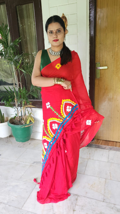 Rangriti- Pearl work & Embroidery Mul Cotton Saree- Red