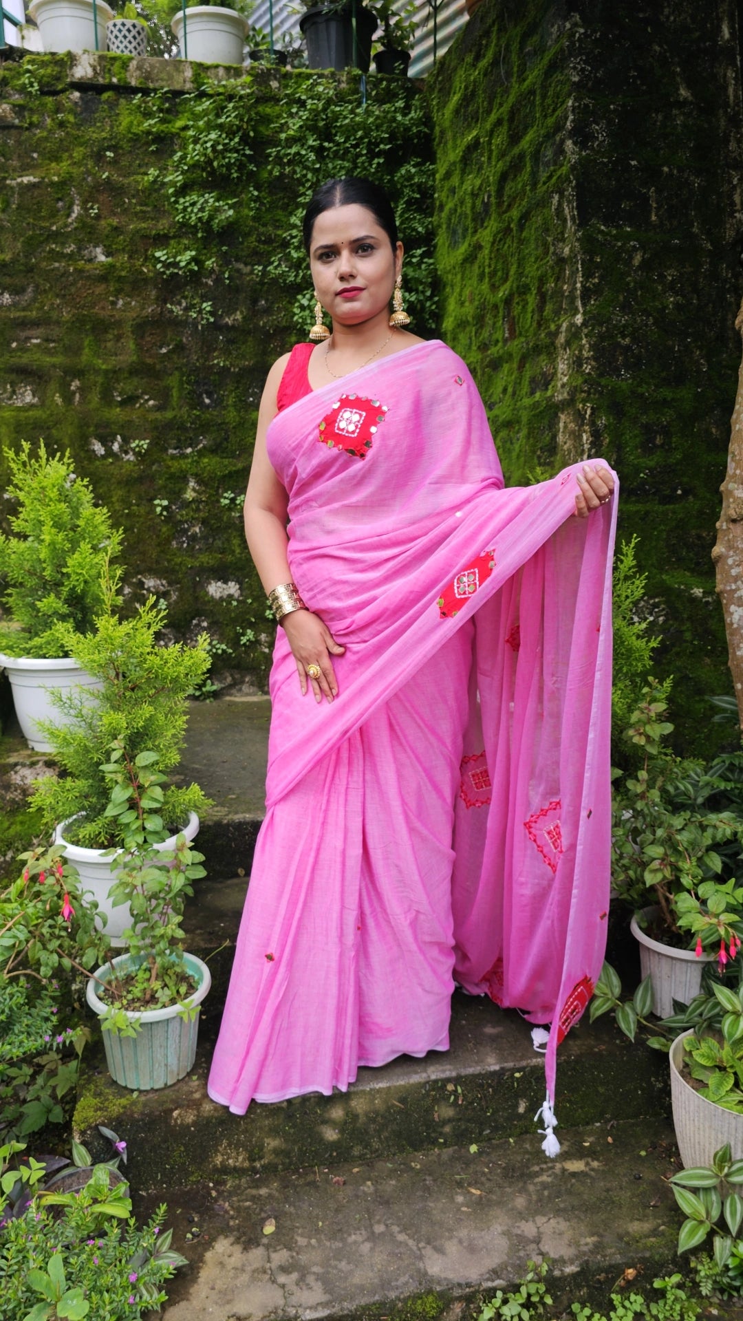 Rooh- Pink Mul Cotton Patch work Saree