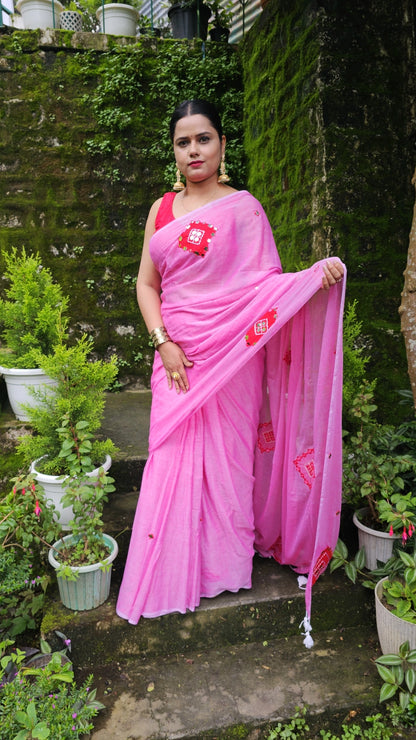 Rooh- Pink Mul Cotton Patch work Saree