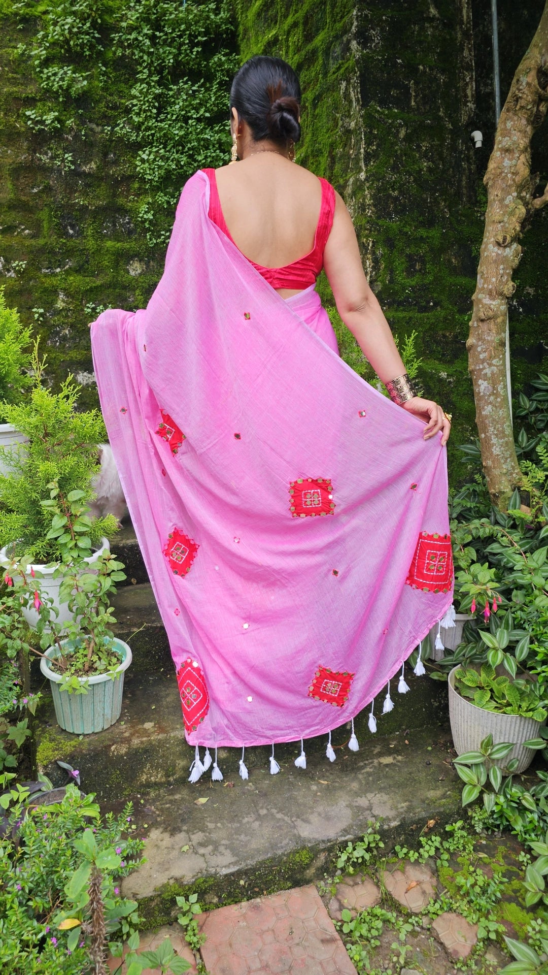 Rooh- Pink Mul Cotton Patch work Saree