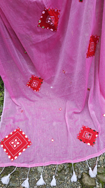 Rooh- Pink Mul Cotton Patch work Saree