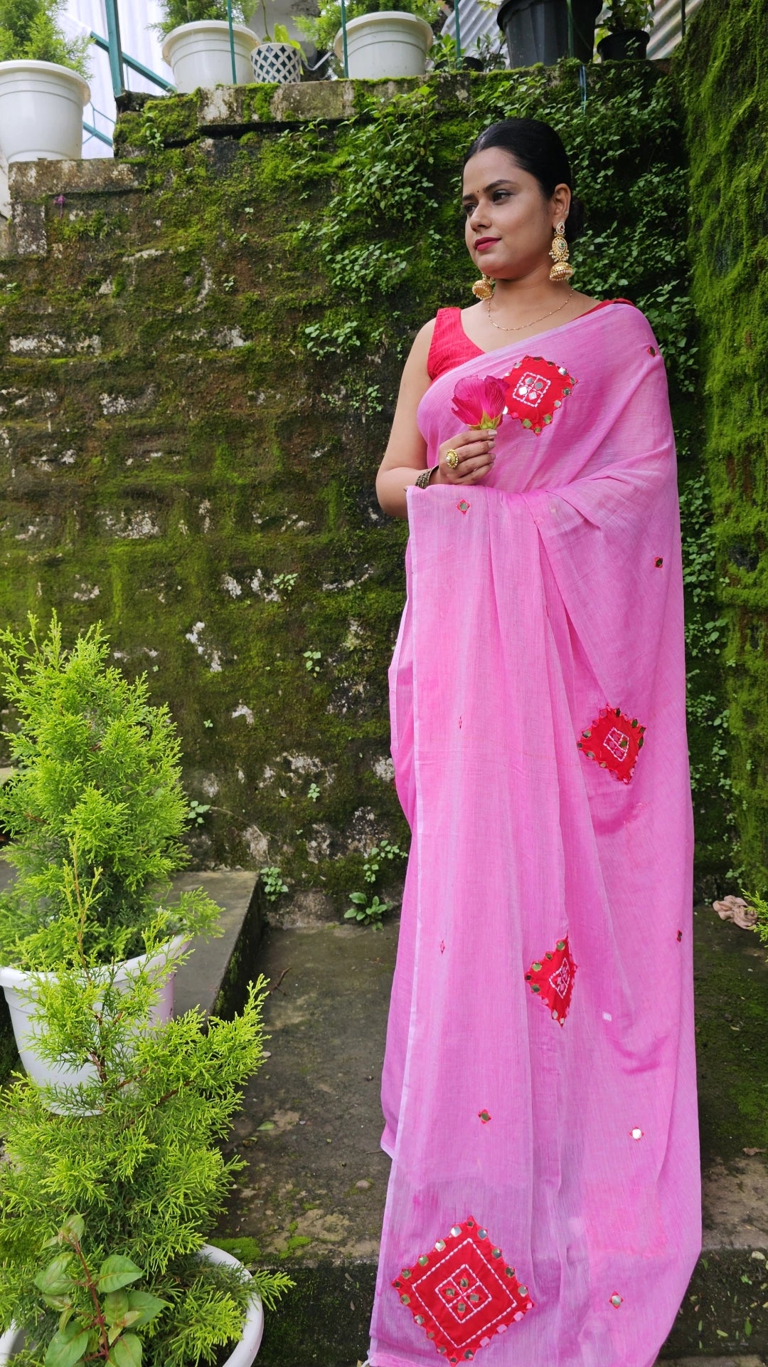 Rooh- Pink Mul Cotton Patch work Saree