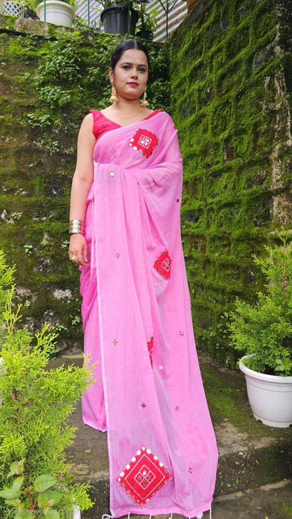 Rooh- Pink Mul Cotton Patch work Saree