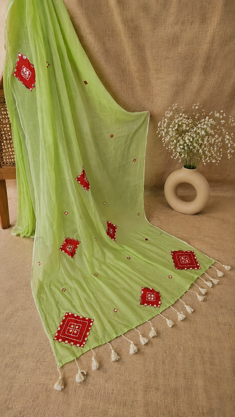 Rooh- Pista Green Mul Cotton Patch work Saree