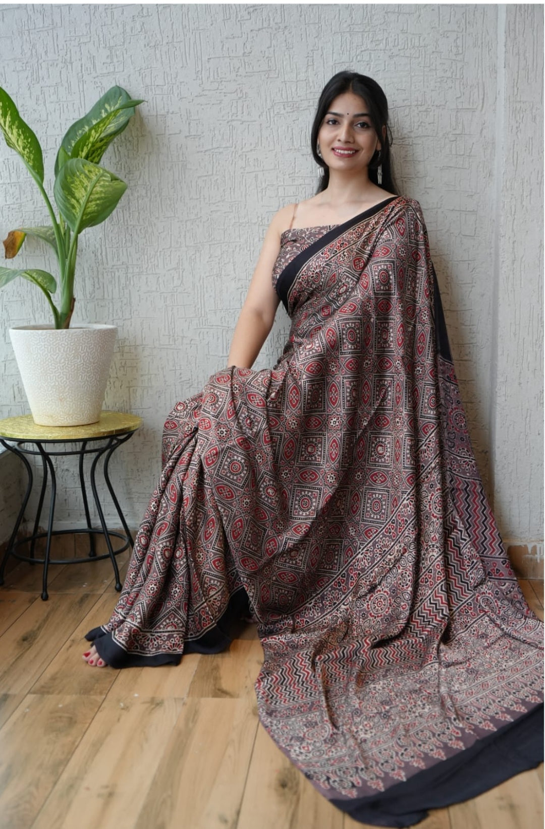 Natural Dye Hand Block Ajrak Modal Silk Saree-Brown