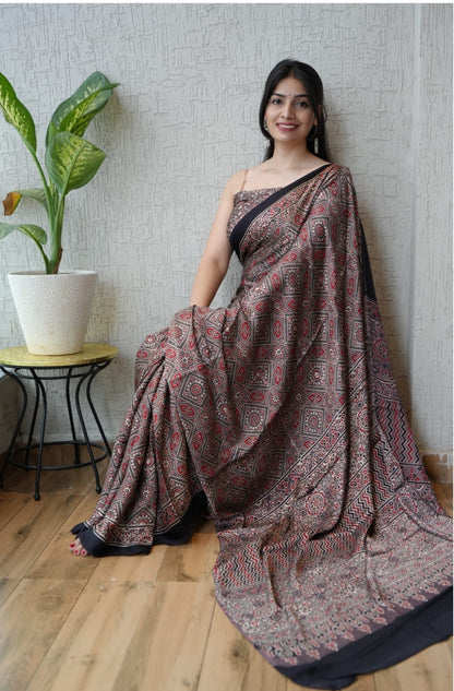 Natural Dye Hand Block Ajrak Modal Silk Saree-Brown
