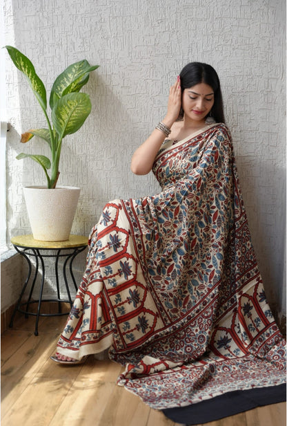 Natural Dye Hand Block Ajrak Modal Silk Saree-White