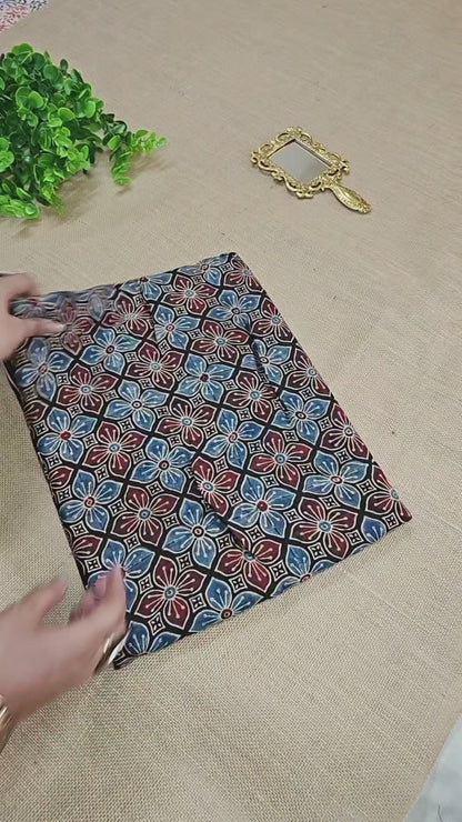 Natural Dye Hand Block Ajrak Modal Silk Saree-Black