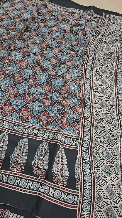 Natural Dye Hand Block Ajrak Modal Silk Saree-Black