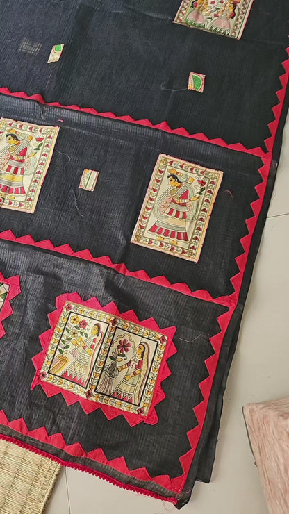 Black Kota Check Saree with Ajrakh Border & Madhubani Patchwork