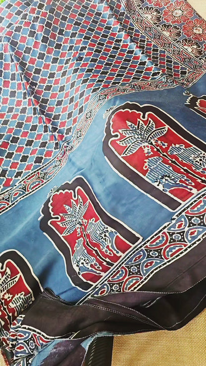 Natural Dye Hand Block Ajrak Modal Silk Saree-Blue