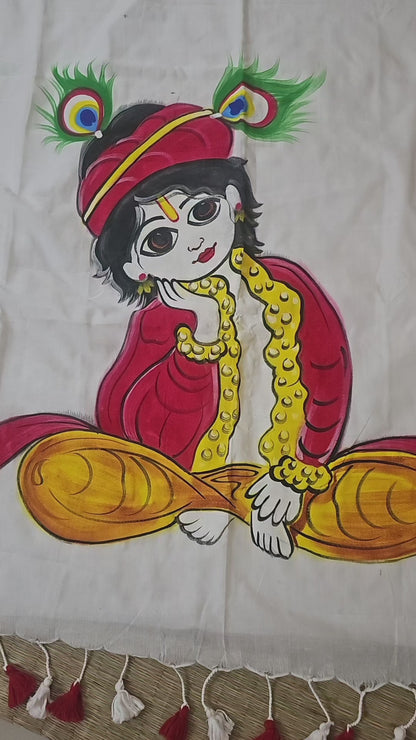 Hanpainted Krishna Saree - White