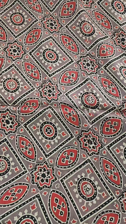 Natural Dye Hand Block Ajrak Modal Silk Saree-Brown
