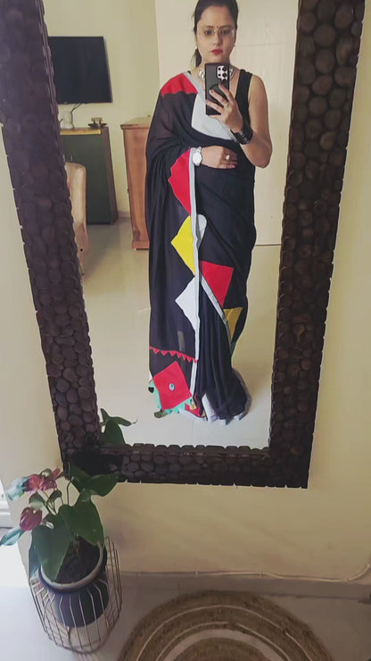 Boho Patchwork Saree – Black Multicolor