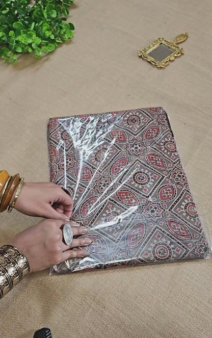 Natural Dye Hand Block Ajrak Modal Silk Saree-Brown